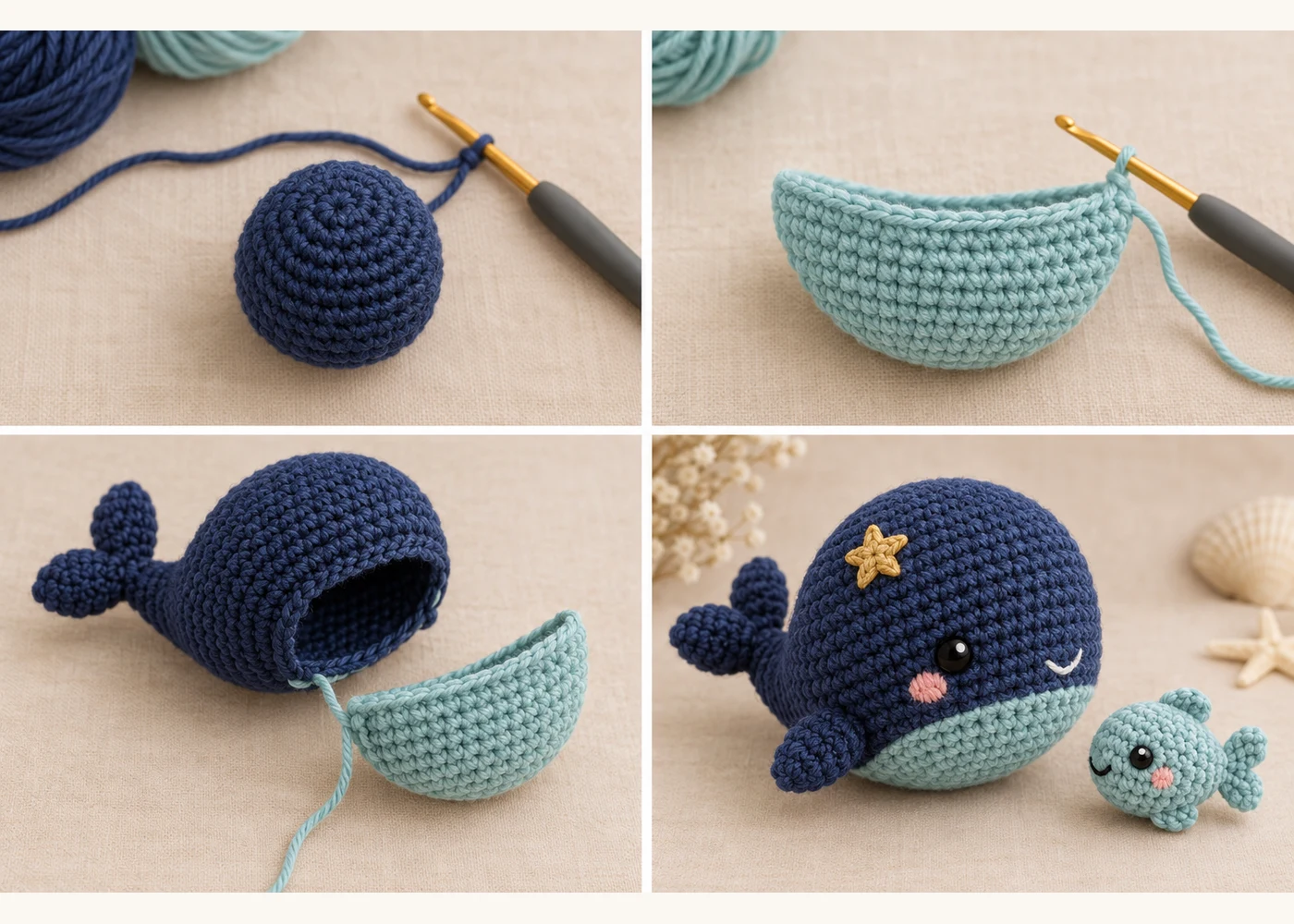 Pocket Whale Amigurumi with Removable Baby Fish